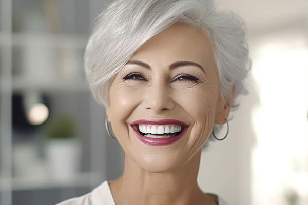 The image shows a woman with short hair, wearing makeup, smiling broadly at the camera. She has wrinkles around her eyes and appears to be in middle age.